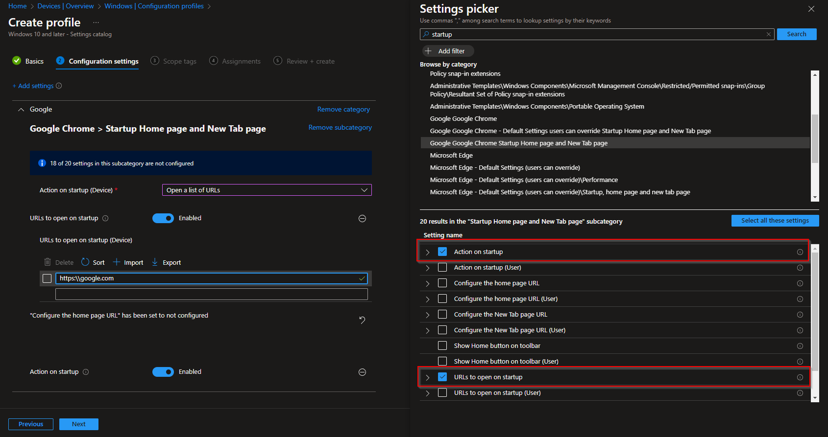 Action on startup and URLs to open on startup